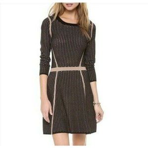 Club Monaco Womens Sweater Dress S Long Sleeve Black Tan Skater A Line NWOT